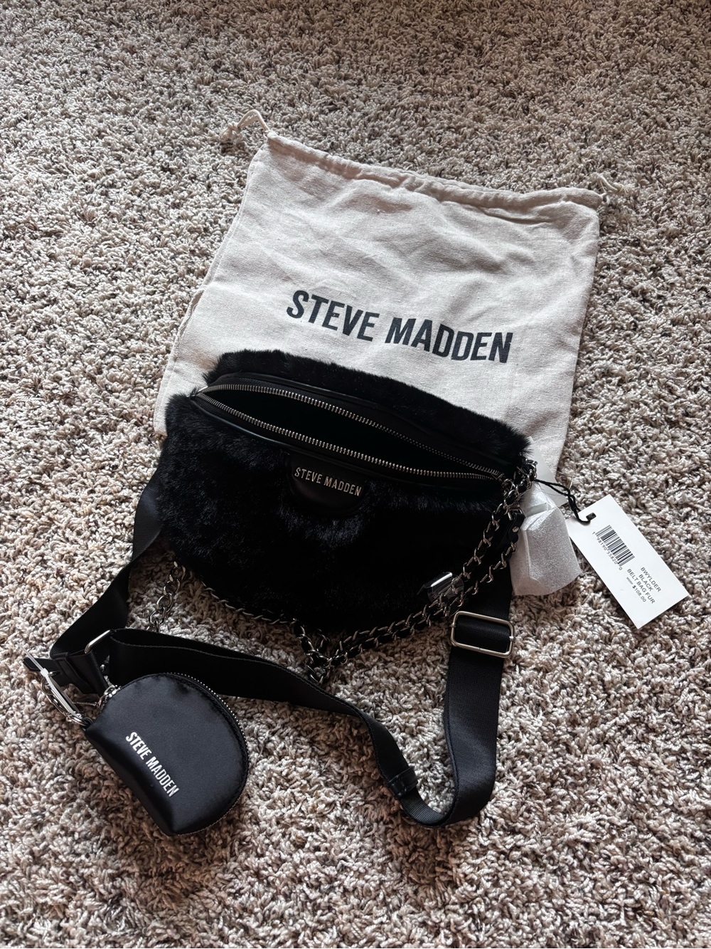 Steve Madden Black Faux Fur Crossbody Belt Bag with Coin Pouch